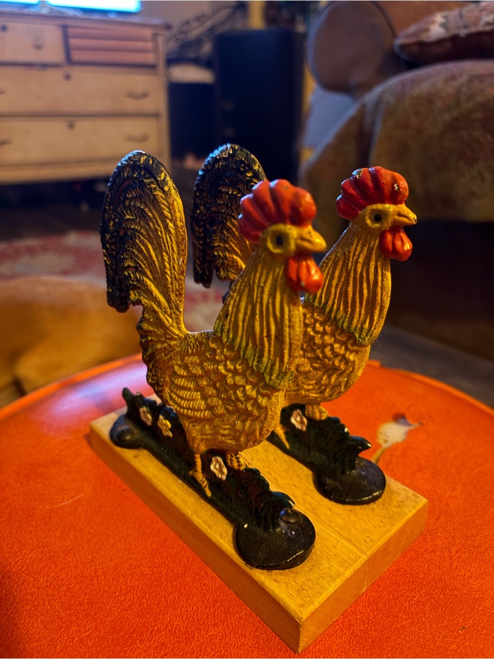 Vintage Cast Iron Rooster Napkin Holder Wooden Base Farmhouse Letter Rack